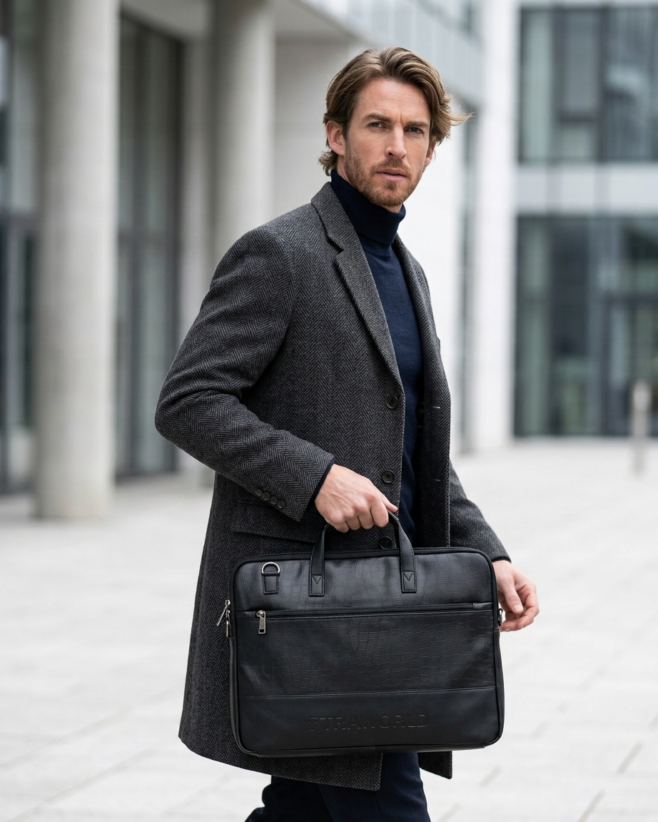 Croco Texture Laptop Bag with Utility Pouch