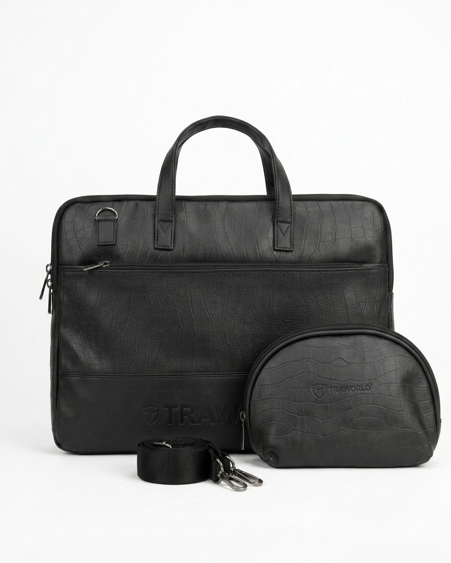 Croco Texture Laptop Bag with Utility Pouch