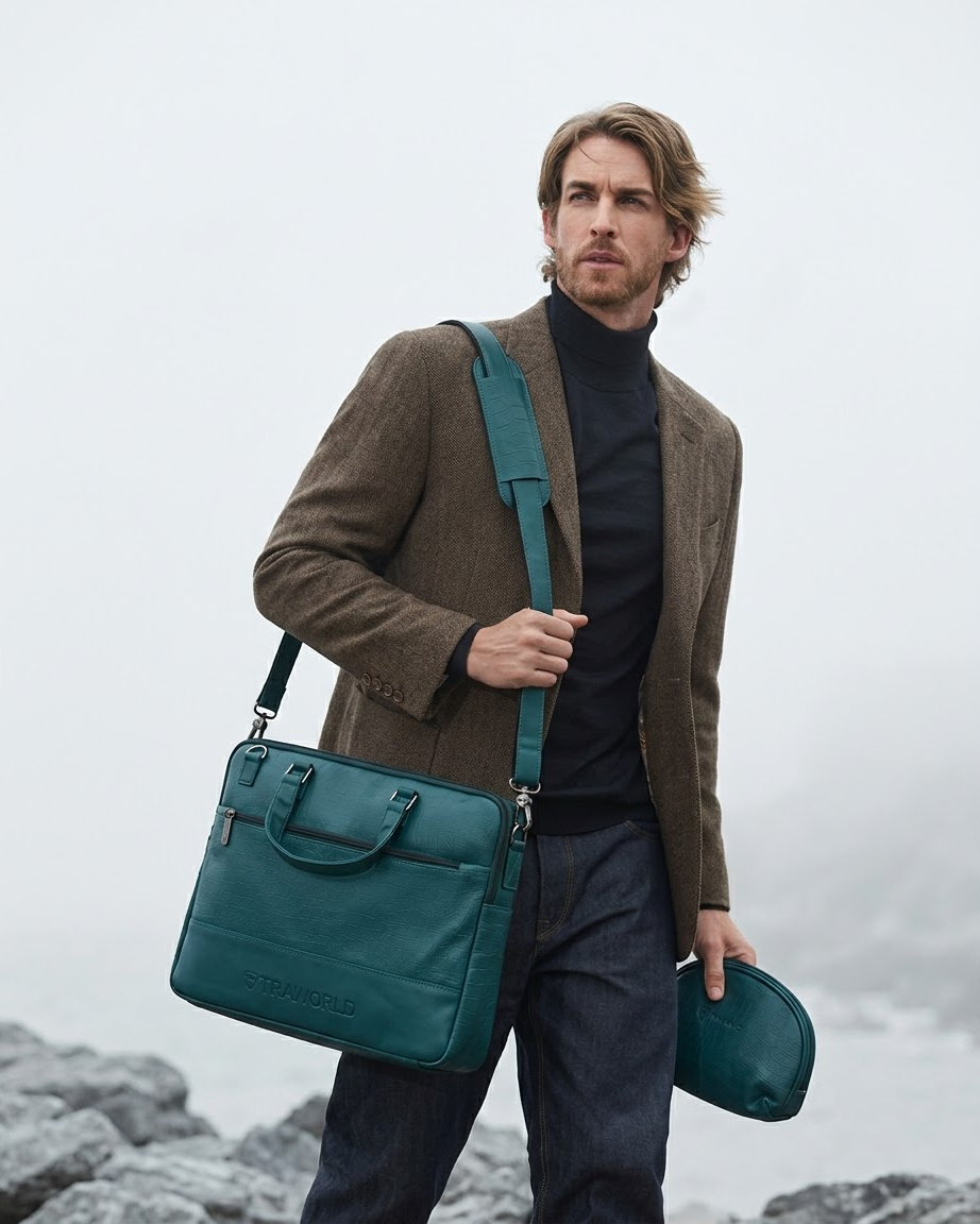Croco Texture Laptop Bag with Utility Pouch
