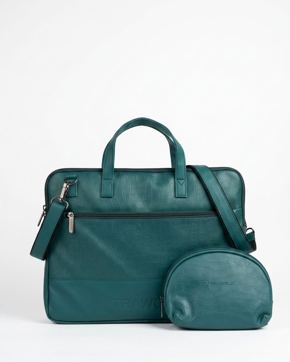 Croco Texture Laptop Bag with Utility Pouch