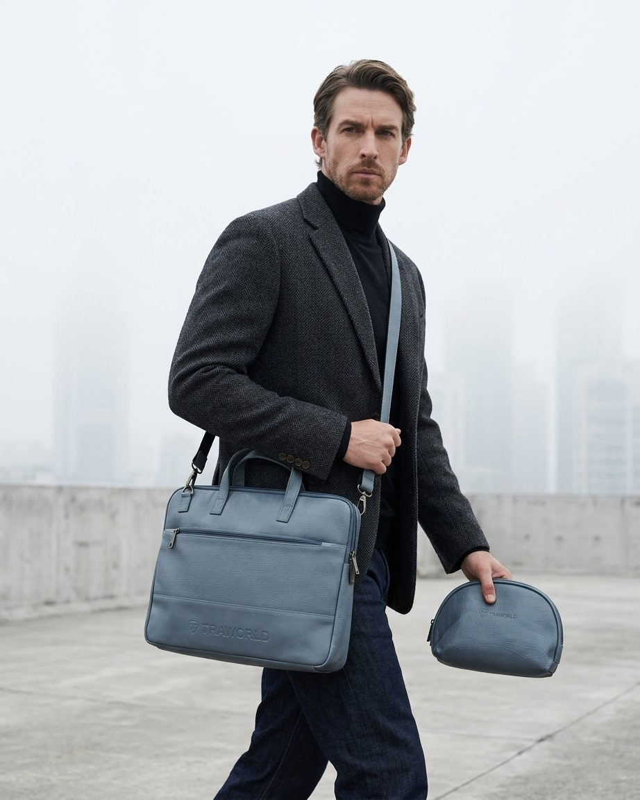 Croco Texture Laptop Bag with Utility Pouch